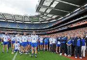 7 August 2011; The Waterford squad, managment and backroom staff during the National Anthem. GAA Hurling All-Ireland Senior Championship Semi-Final, Kilkenny v Waterford, Croke Park, Dublin. Picture credit: Stephen McCarthy / SPORTSFILE