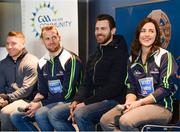 8 March 2017; The RNLI and the GAA have announced a major partnership aimed at reducing the number of people who lose their lives though drowning in Ireland. The lifeboat charity and the sporting organisation will work with clubs and communities to provide information and support through the ‘Respect the Water’ campaign, which will run throughout the summer. The partnership will be supported through the GAA’s Healthy Clubs initiative. There are 333 GAA clubs in 10km radius of the 46 RNLI lifeboat stations in Ireland. Pictured are, from left, Cork footballer Brian Hurley, Kilkenny hurler Jackie Tyrell, Antrim hurler Neil McManus, and Dublin ladies footballer Lyndsey Davey, at Croke Park in Dublin Photo by Seb Daly/Sportsfile