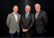 10 March 2017; The popular GAA documentary series Laochra Gael returns with a new season to TG4 next week and was launched in Croke Park this evening by Uachtarán Chumann Lúthchleas Gael Aogán Ó Fearghail. Profiling the feats of Gaelic Games’ greatest players this series has lots in store for GAA fans around the country. Pictured at the launch are Uachtarán Chumann Lúthchleas Gael Aogán Ó Fearghail with former Kilkenny hurler Tommy Walsh, left, and former Offaly footballer Séan Lowry at Croke Park, Dublin. Photo by Piaras Ó Mídheach/Sportsfile