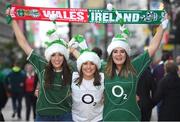 10 March 2017; Ireland supporters, from left, Aoibhin O'Mahony, from Carrigtwohill, Maeve O'Connor, from Kanturk, and Jane Fitzpatrick, from Mallow, all Co Cork, prior to the RBS Six Nations Rugby Championship match between Wales and Ireland at the Principality Stadium in Cardiff, Wales. Photo by Stephen McCarthy/Sportsfile