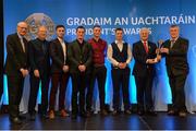 10 March 2017; The McGuigan Family, Ardboe, Co Tyrone, are presented with The Dermot Earley Family Award during the GAA President's Awards 2017. Pictured are, from left, Denis O’Callaghan, Head of Retail Banking, AIB, Ardstiúrthóir TG4, Alan Esslemont, Shay McGuigan, Brian McGuigan, Tommy McGuigan, Frank McGuigan jnr, Uachtarán Chumann Lúthchleas Gael Aogán Ó Fearghail and Frank McGuigan snr. Croke Park in Dublin. Photo by Piaras Ó Mídheach/Sportsfile