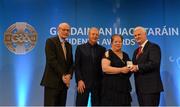 10 March 2017; Margaret Keane, Warwickshire, second from right, is presented with the International Award, by from left, Denis O’Callaghan, Head of Retail Banking, AIB, Ardstiúrthóir TG4, Alan Esslemont, and Uachtarán Chumann Lúthchleas Gael Aogán Ó Fearghail during the GAA President's Awards 2017 at Croke Park in Dublin. Photo by Piaras Ó Mídheach/Sportsfile