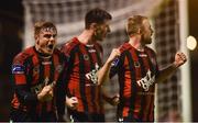 10 March 2017; Bohemians players from left, George Poynton, Dinny Corcoran, and Keith Ward celebrate Dinny Corcoran's goal during the SSE Airtricity League Premier Division match between Bohemians and Bray Wanderers at Dalymount Park in Dublin. Photo by David Fitzgerald/Sportsfile