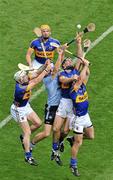 14 August 2011; Liam Ryan, Dublin, contests a dropping ball with Tipperary players, from left, Michael Cahill, Conor O'Mahony and John O'Keeffe as team-mate Pádraic Maher, 7, watches on. GAA Hurling All-Ireland Senior Championship Semi-Final, Tipperary v Dublin, Croke Park, Dublin. Picture credit: Barry Cregg / SPORTSFILE