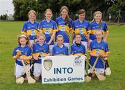 14 August 2011; The Tipperary camogie team, back row, left to right, Finvola McVeigh, Barnish P.S., Ballycastle, Co. Antrim, Niamh McDaid, St. Partick’s Girls Sch., Carndonagh, Co. Donegal, Niamh Mahon, St. Pius G.N.S., Terenure, Co. Dublin, Chloe Kennedy, St. Mary’s N.S., Stranorlar, Co. Donegal, Amy McGonigle, St. Mura’s N.S., Tooban, Co. Donegal. Front row, left to right, Deirbhile Larkin, St. Patrick’s P.S., Crossmaglen, Co. Antrim, Ann Marie Smyth, St. Patrick’s P.S., Ballygalget, Co. Down, Norette Casey, Ardfert N.S., Ardfert, Co. Kerry, Andrea O’Keefe, Kilnamona N.S., Ennis, Co. Clare, and Alice O’Reilly, St. Vincent de Paul, G.P.S., Marino, Co. Dublin. Go Games Exhibition - Sunday 14th August 2011, Clonliffe College,  Dublin. Picture credit: Ray McManus / SPORTSFILE