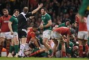 10 March 2017; Referee Wayne Barnes signals a penalty for Wales after an infringement by Robbie Henshaw of Ireland, centre, after Rory Best, bottom right, crossed the line for a try during the RBS Six Nations Rugby Championship match between Wales and Ireland at the Principality Stadium in Cardiff, Wales. Photo by Brendan Moran/Sportsfile