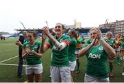 11 March 2017; Irish players celebrate at the final whistle during the RBS Women's Six Nations Rugby Championship match between Wales and Ireland at BT Sport Arms Park, Cardiff, Wales. Photo by Darren Griffiths/Sportsfile