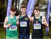11 March 2017; Medalists in the Senior Boys race, from left, Bronze medallist Jamie Battle of Colaiste Mhuire Mullingar, gold medalist  Fintan Stewart of Lumen Christi college, Derry, and Silver medalist Patrick McNiff, of Bandbridge academy, Co. Down during the Irish Life Health All Ireland Schools Cross Country at Mallusk Playing Fields in Newtownabbey, Co. Antrim. Photo by Oliver McVeigh/Sportsfile