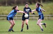 11 March 2017; Aedin Mimnagh of UUC in action against Erin Coyle and Aoife Beades of GMIT during the Lagan Cup Final match between Galway-Mayo Institute of Techology and University of Ulster Coleraine at Connacht Gaelic Athletic Association Centre of Excellence in Cloonacurry, Knock, Co. Mayo. Photo by Matt Browne/Sportsfile