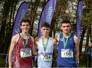 11 March 2017; Medalists in the Intermediate Boys race, from left, bronze medallist Sean Corry of Omagh, CBS, Co Tyrone, gold medalist Darragh McElhinney of Colaise Pobail Bheanntrai, Bantry, Cork and Silver medallist  Keelan Kilrehill of Colaiste Iascaigh, Sligo, during the Irish Life Health All Ireland Schools Cross Country at Mallusk Playing Fields in Newtownabbey, Co. Antrim. Photo by Oliver McVeigh/Sportsfile