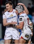 11 March 2017; Luke Marshall of Ulster, celebrates with Jacob Stockdale of Ulster after scoring his side's frst try during the Guinness PRO12 Round 9 Refixture match between Ulster and Zebre at Kingspan Stadium in Belfast. Photo by Oliver McVeigh/Sportsfile