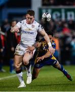 11 March 2017; Craig Gilroy of Ulster kicks the ball ahead despite the attempted tackle of Oliviero Fabiani of Zebre during the Guinness PRO12 Round 9 Refixture match between Ulster and Zebre at Kingspan Stadium in Belfast. Photo by Oliver McVeigh/Sportsfile