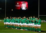 11 March 2017; The Ireland team take part in a minutes applause for Welsh Ladies player Elli Norkett who tragically died in a car accident ahead of the RBS U20 Six Nations Rugby Championship match between Wales and Ireland at Parc Eirias in Colwyn Bay, Wales. Photo by Simon Bellis/Sportsfile