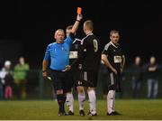 11 March 2017; Shane Clarke of Janesboro FC is shown a red card by referee Finbar Murphy during extra time in the FAI Junior Cup Quarter Final match between Killarney Celtic and Janesboro FC at Celtic Park in Killarney, Co. Kerry. Photo by Diarmuid Greene/Sportsfile