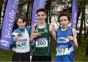 11 March 2017; Medalists in the Minor Boys race, from left, bronze medallist Joe Byrne of Gorey CS, Wexford, gold medalist Dylan McBride of Grosvenor GS Belfast and Silver medalist Dylan Casey of St Flannans college Ennis during the Irish Life Health All Ireland Schools Cross Country at Mallusk Playing Fields in Newtownabbey, Co. Antrim. Photo by Oliver McVeigh/Sportsfile