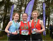 11 March 2017; Medalists in the Inter Girls race, from left, bronze medalist Annie McEvoy of Loreto college Kilkenny, gold medalist Sarah Healy of Holy Child college Killiney Dublin and Silver medalist Laura Hayes of Loreto college Fermoy Co. Cork during the Irish Life Health All Ireland Schools Cross Country at Mallusk Playing Fields in Newtownabbey, Co. Antrim. Photo by Oliver McVeigh/Sportsfile