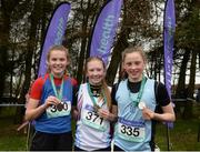 11 March 2017; Medalists in the Junior Girls race, from left, bronze medallist Neasa Reilly of St Vincents Dundalk, gold medalist Aimee Hayde of St Marys Newport Co Mayo and Silver medalist Amelia Kane of Strathearn Belfast during the Irish Life Health All Ireland Schools Cross Country at Mallusk Playing Fields in Newtownabbey, Co. Antrim. Photo by Oliver McVeigh/Sportsfile