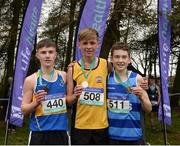 11 March 2017; Medalists in the Junior Boys race, from left, bronze medallist Matthew Whelan of CBS Naas, gold medalist Sean Donoghue of St Declan's CBS Dublin and Silver medalist Seanie Dalton of Malihide CS Dubliin during the Irish Life Health All Ireland Schools Cross Country at Mallusk Playing Fields in Newtownabbey, Co. Antrim. Photo by Oliver McVeigh/Sportsfile