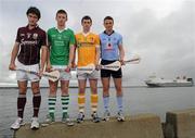 16 August 2011; U-21 players, from left, David Burke, Galway, Kevin Downes, Limerick captain, Conor McCann, Antrim captain, and Liam Rushe, Dublin captain, were in Dublin today ahead of the Bord Gáis Energy All-Ireland Hurling U-21 Semi-Finals on Saturday. Antrim take on Dublin in the first of the Semi-Finals at 4pm in Newry, while in Thurles at 6pm Galway face Limerick. TG4 will be broadcasting live from Thurles and, once again, the Bord Gáis Energy Player Cam will be part of TG4’s live broadcast. Simultaneous to the match coverage, a full live stream of the player cam will be available to watch on tg4.ie during the All-Ireland series. Bord Gais Energy GAA Hurling Under 21 All-Ireland Championship semi-finals media event. Grand Canal Dock, Dublin. Picture credit: Brian Lawless / SPORTSFILE