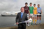 16 August 2011; Nicky Doran, Head of Marketing, Bord Gáis Energy, with U-21 players, from left, David Burke, Galway, Kevin Downes, Limerick captain, Conor McCann, Antrim captain, and Liam Rushe, Dublin captain, in Dublin today ahead of the Bord Gáis Energy All-Ireland Hurling U-21 Semi-Finals on Saturday. Antrim take on Dublin in the first of the Semi-Finals at 4pm in Newry, while in Thurles at 6pm Galway face Limerick. TG4 will be broadcasting live from Thurles and, once again, the Bord Gáis Energy Player Cam will be part of TG4’s live broadcast. Simultaneous to the match coverage, a full live stream of the player cam will be available to watch on tg4.ie during the All-Ireland series. Bord Gais Energy GAA Hurling Under 21 All-Ireland Championship semi-finals media event. Grand Canal Dock, Dublin. Picture credit: Brian Lawless / SPORTSFILE