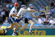 14 August 2011; Donal Breathnach, Dublin, in action against Waterford's Colin Walsh, supported by team-mate Jim Power, left. GAA Hurling All-Ireland Minor Championship Semi-Final, Dublin v Waterford, Croke Park, Dublin. Picture credit: Ray McManus / SPORTSFILE