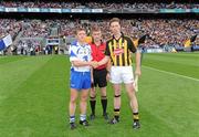 7 August 2011; Waterford captain Stephen Molumphy, left, and Kilkenny captain Brian Hogan shake hands in front of referee Barry Kelly. GAA Hurling All-Ireland Senior Championship Semi-Final, Kilkenny v Waterford, Croke Park, Dublin. Picture credit: Ray McManus / SPORTSFILE
