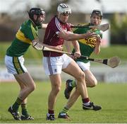 12 March 2017; Daithi Burke of Galway in action against Darren Dineen, left, and Colum Harty of Kerry during the Allianz Hurling League Division 1B Round 4 match between Kerry and Galway at Austin Stack Park in Tralee, Co. Kerry. Photo by Diarmuid Greene/Sportsfile
