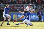 12 March 2017; Padraig McNulty of Tyrone in action against Conor Moynagh of Cavan during the Allianz Football League Division 1 Round 3 Refixture match between Tyrone and Cavan at Healy Park in Omagh, Co. Tyrone. Photo by Oliver McVeigh/Sportsfile