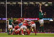 10 March 2017; Rhys Webb of Wales kicks clear despite the outstretched hand of Devin Toner of Ireland during the RBS Six Nations Rugby Championship match between Wales and Ireland at the Principality Stadium in Cardiff, Wales. Photo by Stephen McCarthy/Sportsfile
