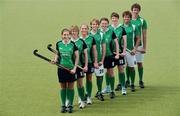 3 August 2011; Ireland’s Men and Women’s squads were today announced for the EuroHockey Nations Championships taking place in Monchengladbach, Germany, from 20th – 28th August. Both Paul Revington, men, and Gene Muller, women, revealed their squads for what will be their biggest tournaments this summer, and Ireland’s first opportunity to qualify for the London 2012 Olympics. Both sides have had exceptionally busy and successful summers. The men most recently added a trophy to their cabinet when they took gold at the recent INSEP tournament in Paris ahead of Australia, Korea and Argentina. Ireland women have also had an intense summer as they continue to train centrally while they also produced some great results at the Electric Ireland FIH Champions Challenge I tournament where they finished above their ranking. At the announcement are, from left, Cliodhna Sargent, Nikki Symmons, Chloe Watkins, Mitch Darling, Alex Speers, Sinead McCarthy, Ronan Gormley and David Fitzgerald. UCD, Belfield, Dublin. Picture credit: Brendan Moran / SPORTSFILE