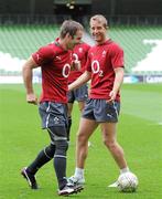 19 August 2011; Ireland's Tomas O'Leary, left, and Luke Fitzgerald, in jovial mood during the team captain's run ahead of their Rugby World Cup warm-up game against France on Saturday. Ireland Rugby Squad Captain's Run, Aviva Stadium, Lansdowne Road, Dublin. Picture credit: Pat Murphy / SPORTSFILE
