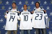 19 August 2011; Republic of Ireland international and new LA Galaxy signing Robbie Keane, left, with team-mates Landon Donovan and David Beckham, right, during a press conference. American Express Stadium Club, The Home Depot Center, Carson, California, United States. Picture credit: Kirby Lee / SPORTSFILE