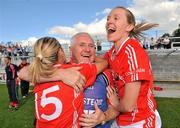 20 August 2011; Cork manager Eamonn Ryan celebrates at the end of the game with Amy O'Shea, left, and Nollaig Cleary. TG4 All-Ireland Ladies Senior Football Championship Quarter-Final, Dublin v Cork, St Brendan's Park, Birr, Co. Offaly. Picture credit: David Maher / SPORTSFILE