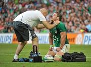20 August 2011; Seán O'Brien, Ireland, receives attention from team doctor Dr. Eanna Falvey. Rugby World Cup Warm-up game, Ireland v France, Aviva Stadium, Lansdowne Road, Dublin. Picture credit: Brendan Moran / SPORTSFILE