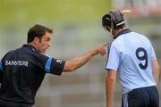20 August 2011; Dublin manager John McEvoy speaks to Danny Sutcliffe on the sideline. Bord Gais Energy GAA Hurling Under 21 All-Ireland Championship Semi-Final, Antrim v Dublin, Pairc Esler, Newry, Co. Down. Picture credit: Oliver McVeigh / SPORTSFILE