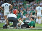 20 August 2011; Felix Jones, Ireland, is assessed by team doctor, Dr. Eanna Falvey, and physio Cameron Steele. Rugby World Cup Warm-up game, Ireland v France, Aviva Stadium, Lansdowne Road, Dublin. Picture credit: Brendan Moran / SPORTSFILE