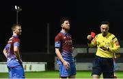 13 March 2017; Referee Neil Doyle shows a red card to Luke Gallagher, left, of Drogheda United during the SSE Airtricity League Premier Division match between Bray Wanderers and Drogheda United at the Carlisle Grounds in Bray, Co Wicklow. Photo by David Maher/Sportsfile