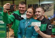 14 March 2017; Aer Lingus cabin crew member Lorraine Maher with Team Ireland coach Mark McInerney, left, from Limerick, and Brian McDonnell, a member of Mallow United Special Olympics Club, from Cork City, Co. Cork, pictured at Dublin Airport prior to their departure for the 2017 Special Olympics World Winter Games in Austria. Dublin Airport, Dublin. Photo by Ray McManus/Sportsfile