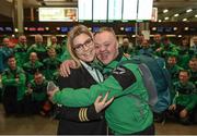 14 March 2017; Aer Lingus First Officer Kerrie Jolley with Team Ireland's Cyril Walker, a member of Skiability Special Olympics Club, from Markethill, Co. Armagh, pictured at Dublin Airport prior to their departure for the 2017 Special Olympics World Winter Games in Austria. Dublin Airport, Dublin. Photo by Ray McManus/Sportsfile