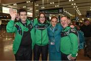 14 March 2017; Team Ireland's Niall Flynn, a member of Kilternan Karvers Special Olympics Club, from Glenageary, Co. Dublin, Team Ireland's Lorraine Whelan, a member of Kilternan Karvers Special Olympics Club, from Delgany, Co. Wicklow  Aer Lingus cabin crew member Lorraine Maher and Team Ireland's Cyril Walker, a member of Skiability Special Olympics Club, from Markethill, Co. Armagh, pictured at Dublin Airport prior to their departure for the 2017 Special Olympics World Winter Games in Austria. Dublin Airport, Dublin. Photo by Ray McManus/Sportsfile