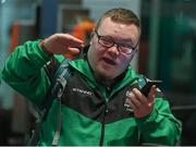 14 March 2017; Team Ireland's Lorcan Byrne, a member of Stewartscare Special Olympics Club, from Ballyfermot, Dublin, on the phone at Dublin Airport prior to their departure for the 2017 Special Olympics World Winter Games in Austria. Dublin Airport, Dublin. Photo by Ray McManus/Sportsfile