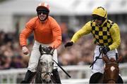 14 March 2017; Jack Kennedy, left, celebrates winning the Sky Bet Supreme Novices' Hurdle on Labaik as Ruby Walsh congratulates Kennedy after finishing second on Melon during the Cheltenham Racing Festival at Prestbury Park, in Cheltenham, England. Photo by Cody Glenn/Sportsfile