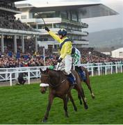 14 March 2017; Denis O'Regan celebrates winning the Close Brothers Novices' Handicap Steeple Chase on Tully East during the Cheltenham Racing Festival at Prestbury Park, in Cheltenham, England. Photo by Cody Glenn/Sportsfile