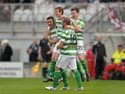 21 August 2011; Ronan Finn, second from left, Shamrock Rovers, is congratulated after scoring his side's first goal by team-mates Enda Stevens, left, Chris Turner and Karl Moore, right. Airtricity League Premier Division, Galway United v Shamrock Rovers, Terryland Park, Galway. Photo by Sportsfile