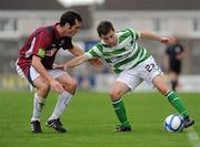 21 August 2011; Karl Moore, Shamrock Rovers, in action against Evan Kelly, Galway United. Airtricity League Premier Division, Galway United v Shamrock Rovers, Terryland Park, Galway. Picture credit: Conor O Beolain / SPORTSFILE