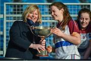 12 March 2017; Marie Hickey, President, LGFA, presents the O'Connor Cup to UL captain Anna Galvin after the O'Connor Cup Final match between University of Limerick and University College Cork at Elverys MacHale Park in Castlebar, Co. Mayo. Photo by Brendan Moran/Sportsfile