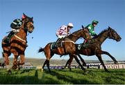 15 March 2017; Flying Tiger, right, with Richard Johnson up, beats Divin Bere, centre, with Noel Fehily up, who finished second, and Nietzsche, with Danny Cook up, who finished third, to win the Fred Winter Juvenile Handicap Hurdle during the Cheltenham Racing Festival at Prestbury Park in Cheltenham, England. Photo by Seb Daly/Sportsfile