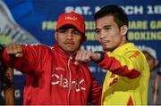 14 March 2017; Román Gonzalez faces off with Srisaket Sor Rungvisai during a press conference in The Theater at Madison Square Garden in New York, USA. Photo by Ramsey Cardy/Sportsfile