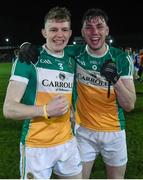 15 March 2017; Offaly players David Dempsey, L, and Jordan Hayes celebrate after the final whistle at the EirGrid Leinster GAA Football U21 Championship Semi-Final match between Offaly and Laois at Netwatch Cullen Park in Carlow. Photo by Matt Browne/Sportsfile
