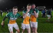 15 March 2017; Offaly players from left Paddy Dunican along with David Dempsey and Jordan Hayes celebrate after the final whistle at the EirGrid Leinster GAA Football U21 Championship Semi-Final match between Offaly and Laois at Netwatch Cullen Park in Carlow. Photo by Matt Browne/Sportsfile